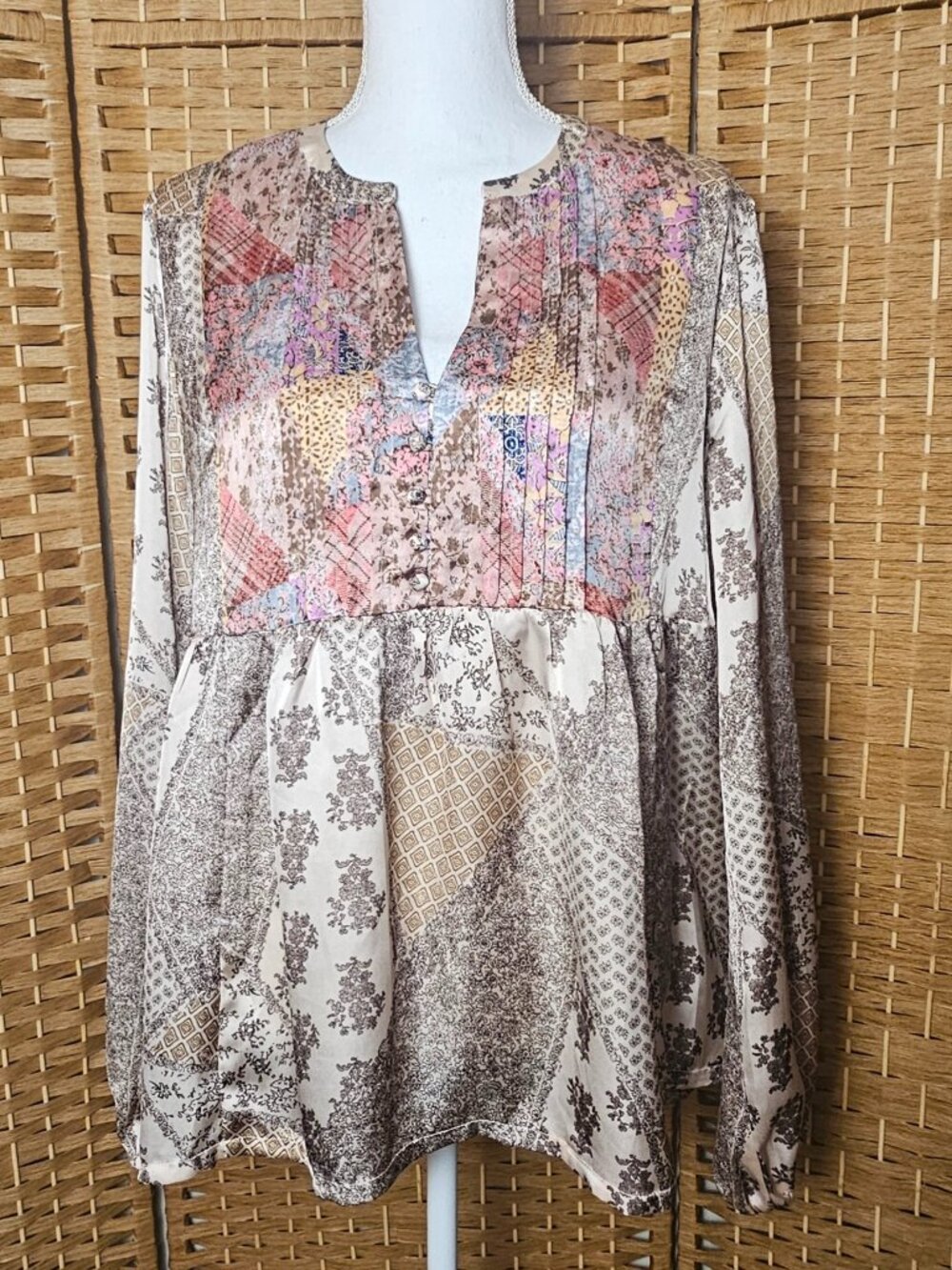 Mystree Mixed Print Patchwork Boho Top Blouse L